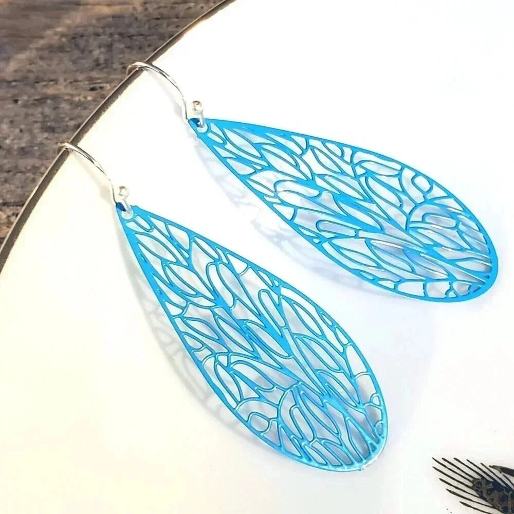 Art Nouveau Lacy Turquoise Blue Filigree Slim Teardrop Enamel Pendant Earrings